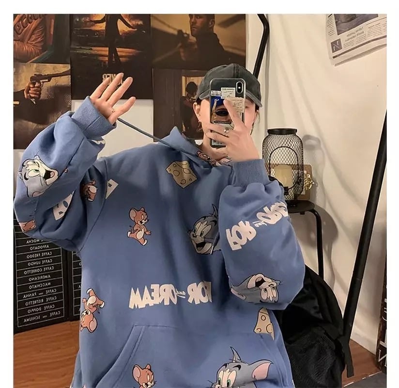 Cute Funny Cat Mouse Print Cartoon Oversized Loose Hoodie Sweatshirt Pullover Sweater Casual E-Girl Kawaii Korean Japanese Harajuku Streetwear