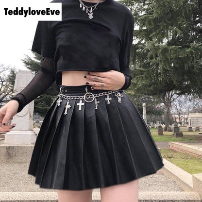 Sexy Black Goth Grunge Punk Summer Zipper Rivet Pleated PU Skirt Metal Ring Hallow Out E-Girl Kawaii Korean Japanese Harajuku Streetwear