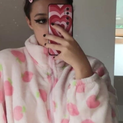 Cute Sweet Pink Peach Plush Oversized Thick Warm Jacket Zipper Hoodie Sweater Winter Autumn Aesthetic Casual E-Girl Kawaii Korean Japanese Harajuku