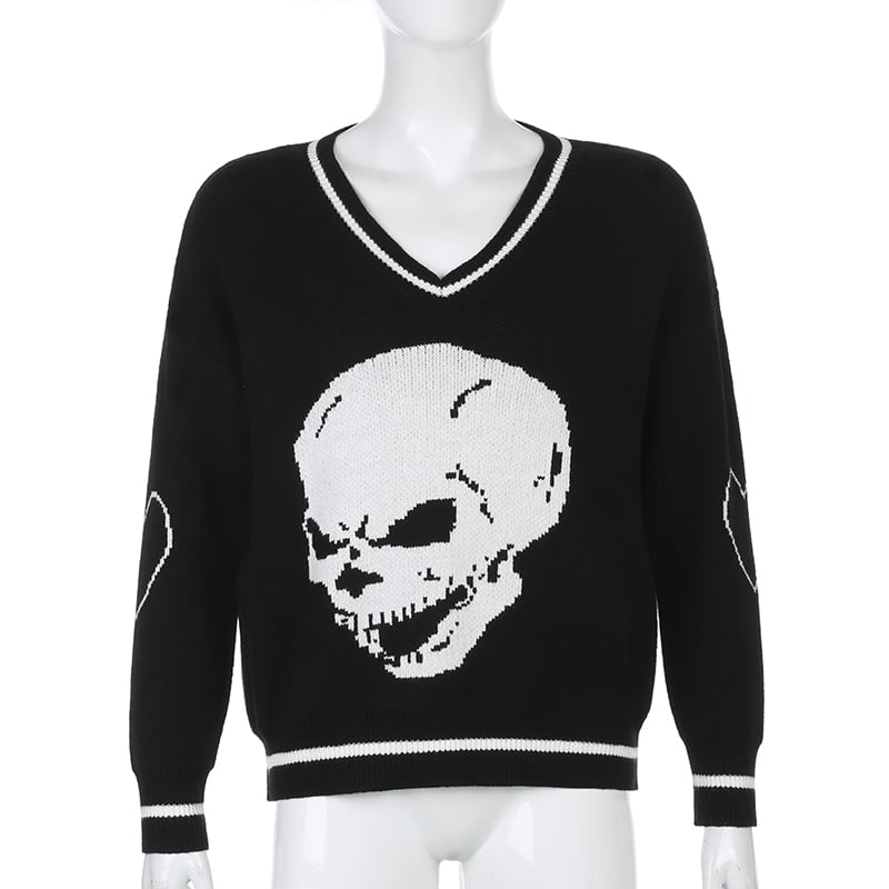 Skull Knit Oversized Loose Sweater Sweatshirt Long Sleeve Pullover Goth Punk Autumn Fall E-Girl Kawaii Korean Japanese Harajuku Streetwear