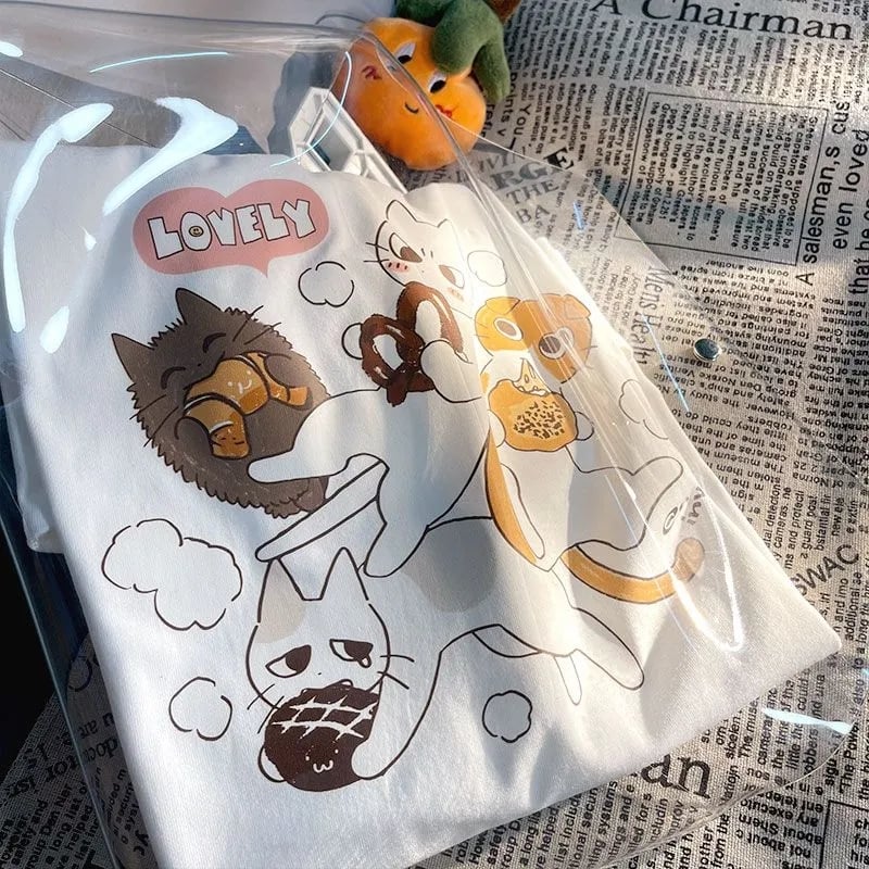 Cat Cartoon Print Short Sleeve T-shirt