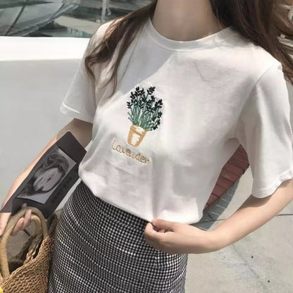 Cute Summer Lavender Plant Flower Embroidery White Loose Casual Short Sleeve Tee Shirt T-shirt Top E-Girl Kawaii Korean Japanese Harajuku Streetwear