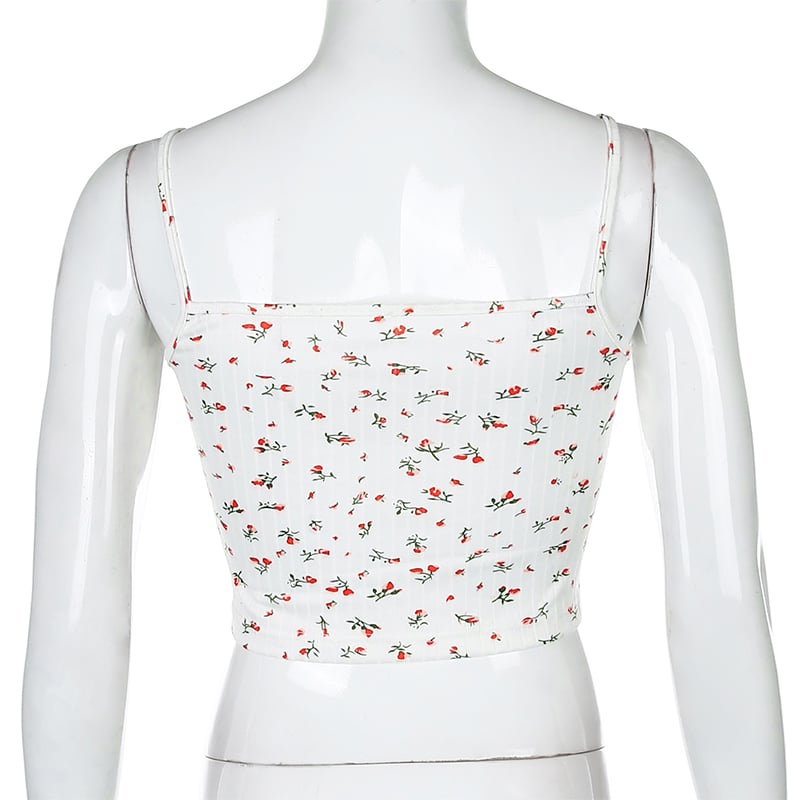 Cute Floral Print Lace Spaghetti Strap Camisole Crop Top Shirt Tee T-shirt E-Girl Kawaii Korean Japanese Harajuku Chinese Retro Streetwear Aesthetic