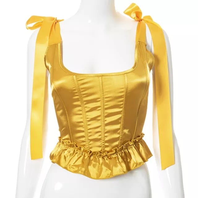 Cute Lace Ribbon Bow Tie Solid Square Collar Patchwork Sleeveless Corset Top Summer Aesthetic Casual E-Girl Kawaii Korean Japanese Harajuku