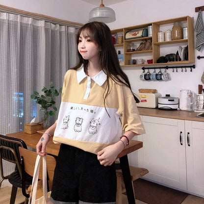 Cute Cat Dog Animal Print College Loose Baggy Short Sleeve Shirt T-shirt Top Summer Casual E-Girl Kawaii Korean Japanese Harajuku Streetwear