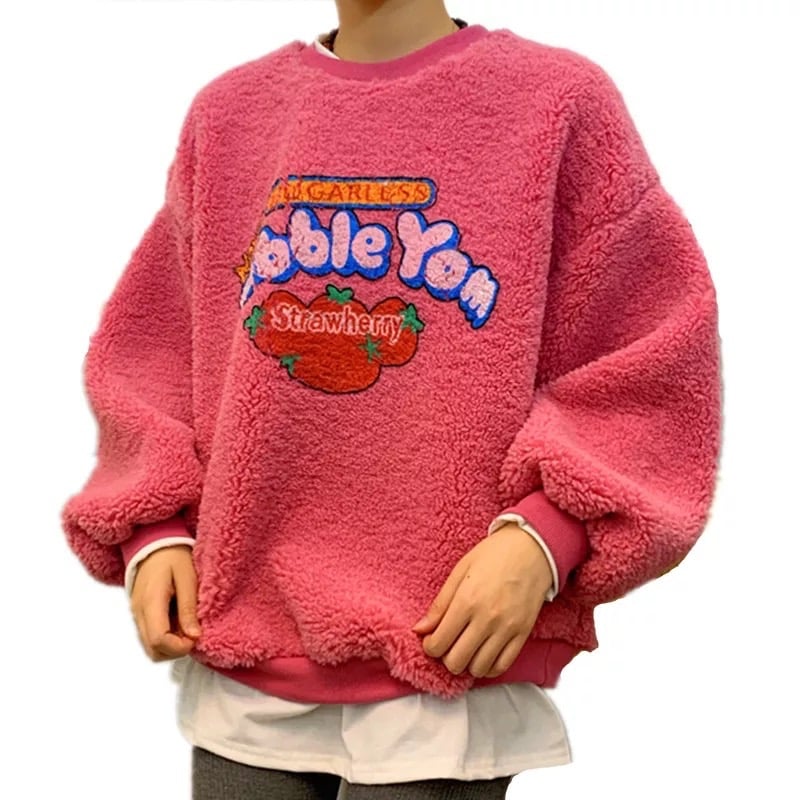 Strawberry Bubblegum Print Warm Fuzzy Fleece Hoodie Sweatshirt Sweater Long Sleeve Pullover E-Girl Kawaii Korean Japanese Harajuku Streetwear