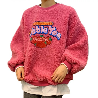 Strawberry Bubblegum Print Warm Fuzzy Fleece Hoodie Sweatshirt Sweater Long Sleeve Pullover E-Girl Kawaii Korean Japanese Harajuku Streetwear