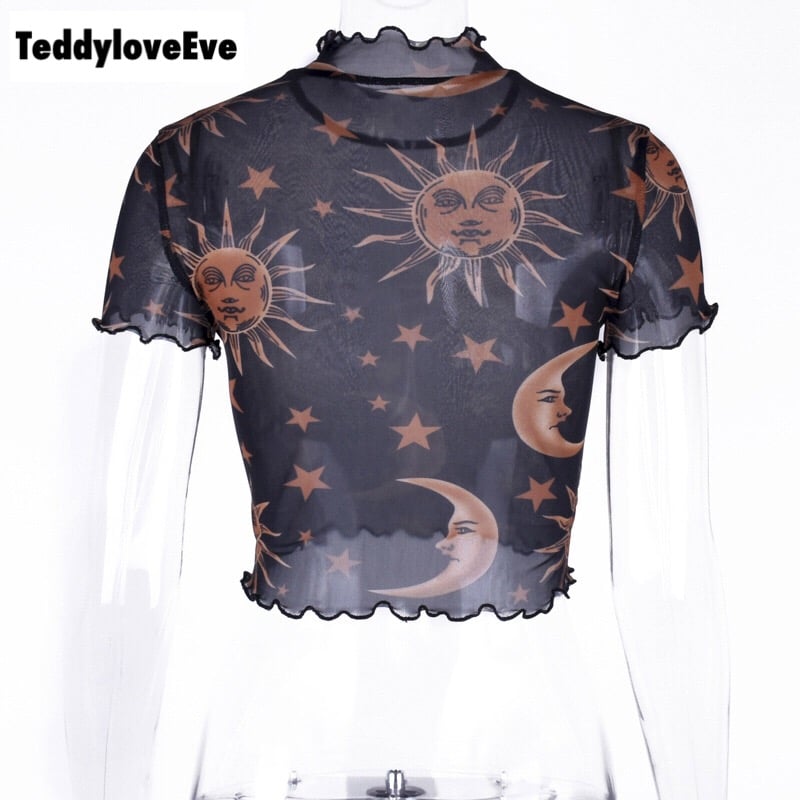 Sexy Goth Grunge Star Moon Celestial Print Ruffle Mesh Transparent Crop Top Short Sleeve Tee Shirt E-Girl Kawaii Korean Japanese Harajuku Streetwear