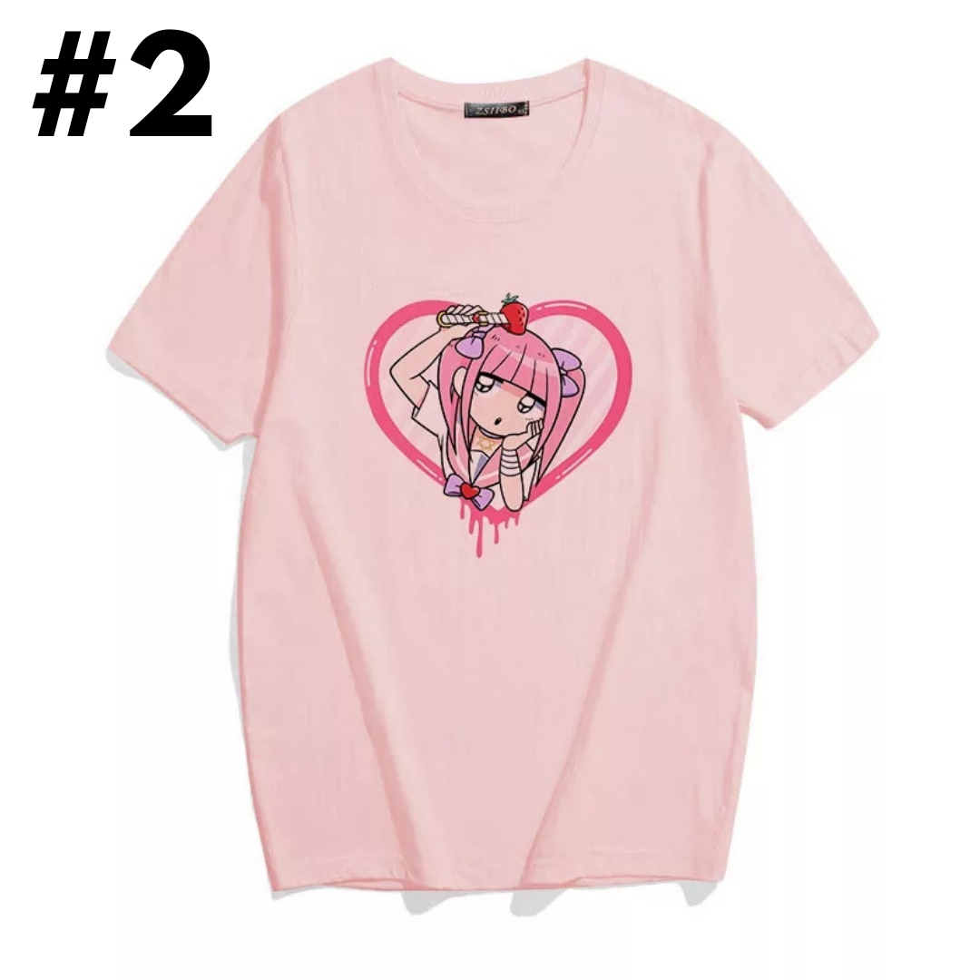 Cute Sweet Pastel Pink Anime Girl Strawberry Print Loose Short Sleeve Shirt Aesthetic Casual E-Girl Kawaii Korean Japanese Harajuku