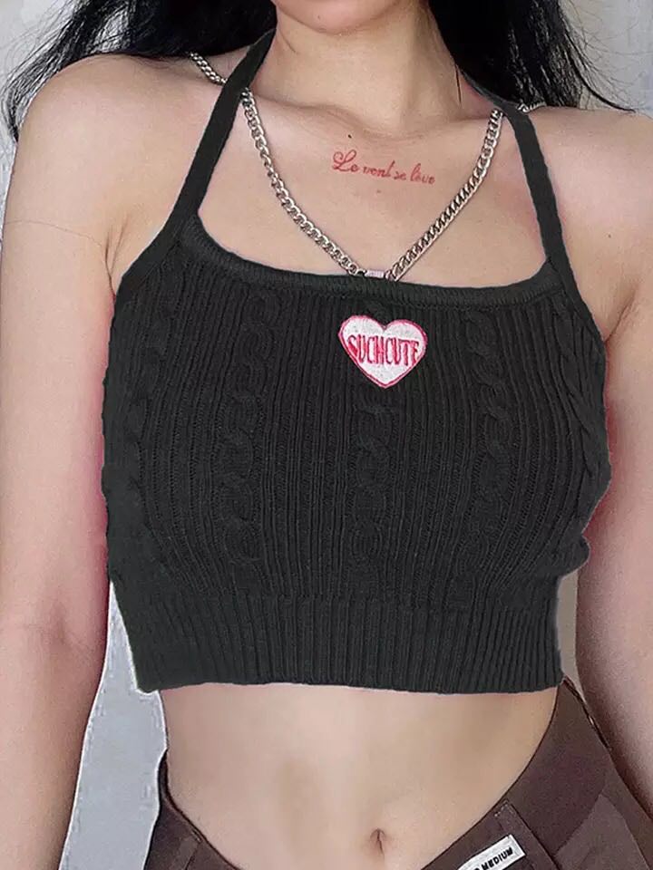 90s Pink Chain Knit Halter Crop Top Backless Tank Sleeveless Shirt Summer Aesthetic Casual E-Girl Kawaii Korean Japanese Harajuku