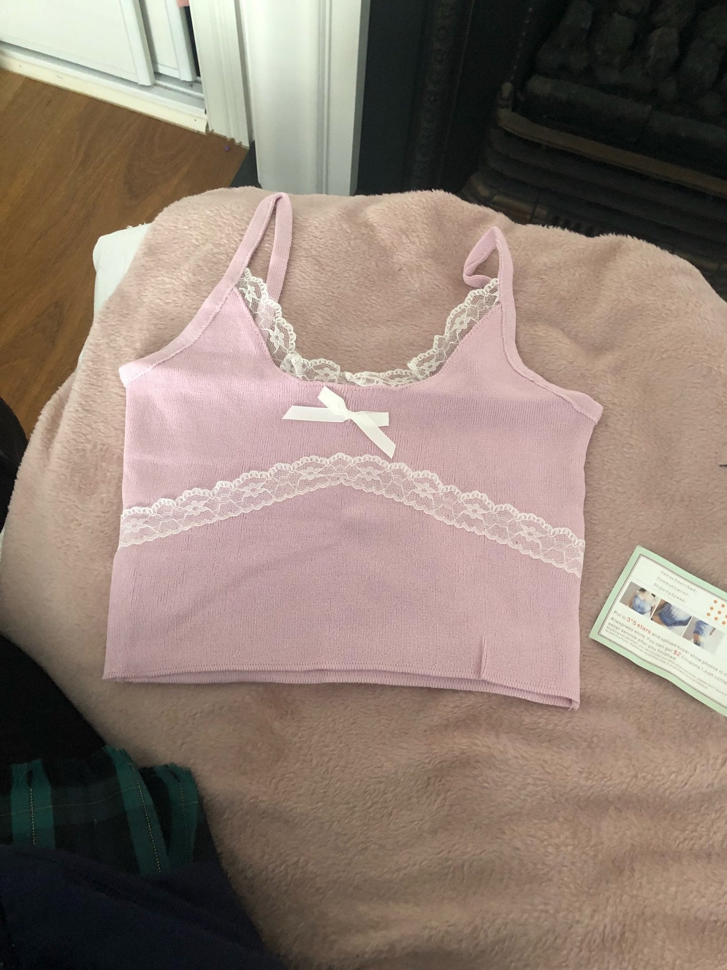 Patchwork Lace Bow Knit Camisole Crop Top