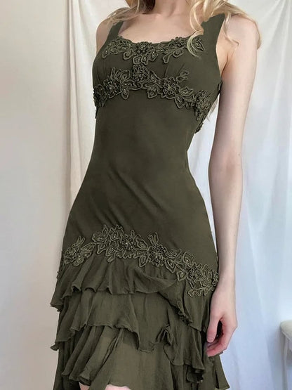 Green Ruffle Irregular Lace Dress