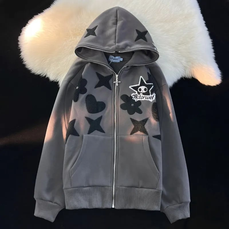Star Print Zip Up Hoodie