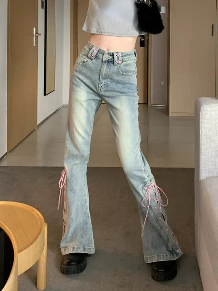 Pink Lace Up Bow Flare High Waist Jeans
