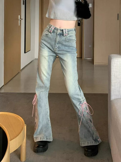 Pink Lace Up Bow Flare High Waist Jeans