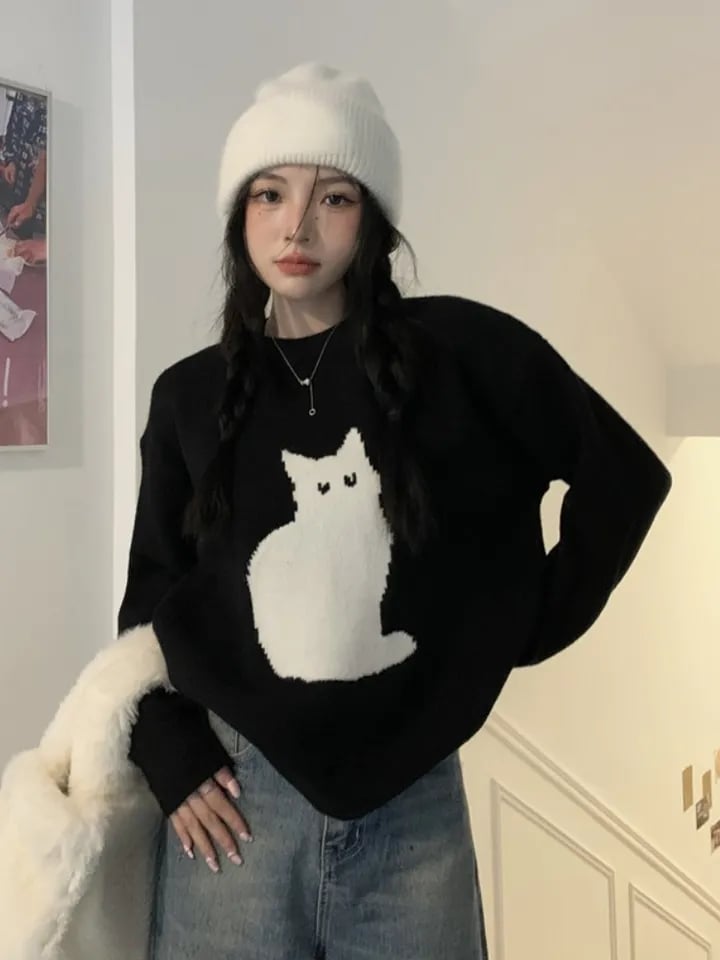 Black Cat Print Long Sleeve Sweater