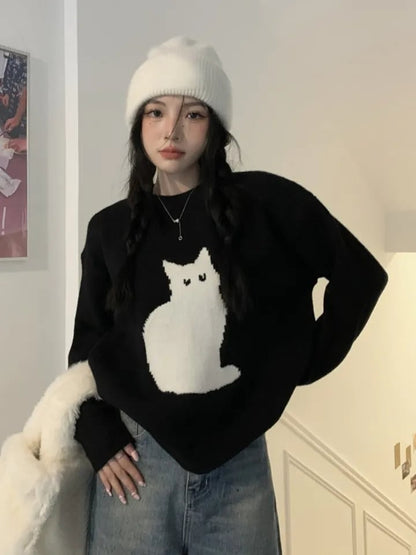 Black Cat Print Long Sleeve Sweater