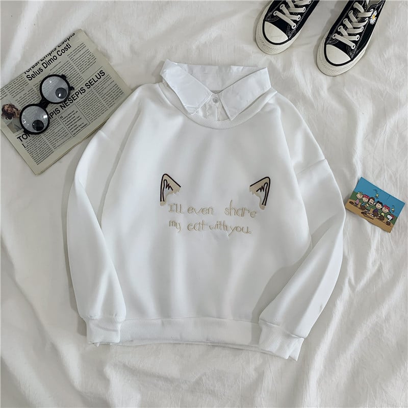 Cute Cat Kitten Print Polo Collar 2 Pcs Sweatshirt Sweater Pullover Jumper Long Sleeve Shirt Casual E-Girl Kawaii Korean Japanese Harajuku Streetwear