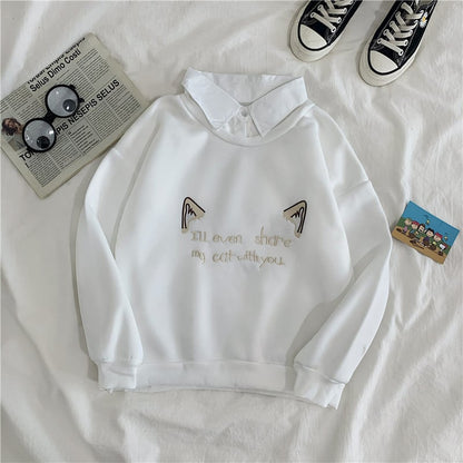 Cute Cat Kitten Print Polo Collar 2 Pcs Sweatshirt Sweater Pullover Jumper Long Sleeve Shirt Casual E-Girl Kawaii Korean Japanese Harajuku Streetwear