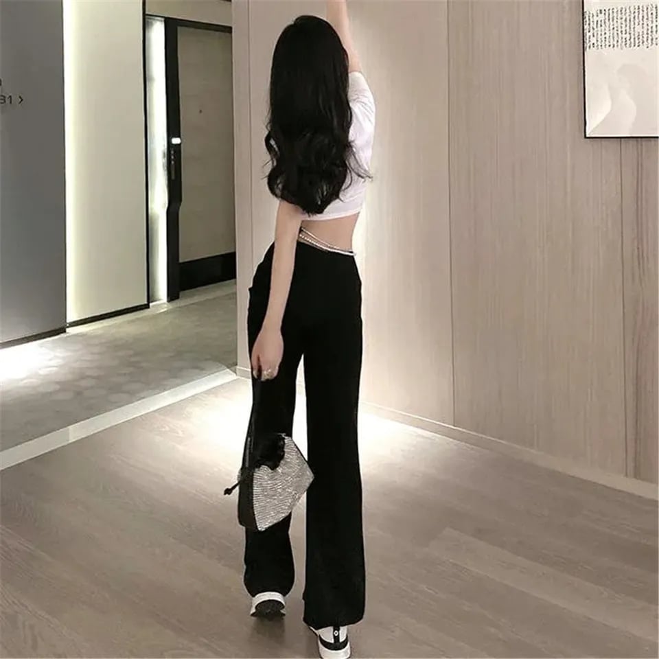 Pearl Rhinestone Black High Waist Pants