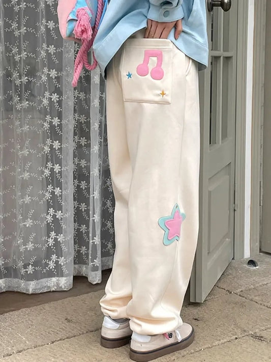 Beige Star Wide Leg Trousers