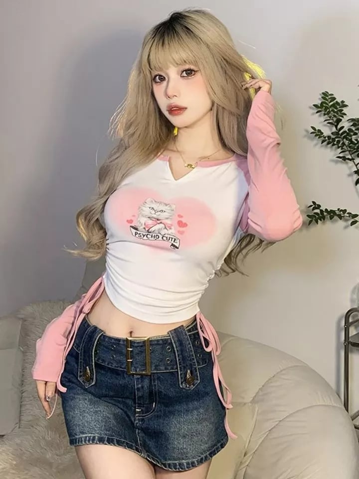 Sweet Pink Cat Print Long Sleeve T-shirt