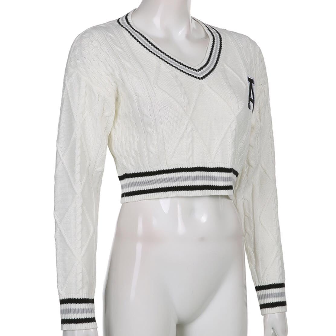 White Varsity V Neck Long Sleeve Crop Top Knit Pullover Sweater Jumper Autumn Aesthetic Casual E-Girl Kawaii Korean Japanese Harajuku