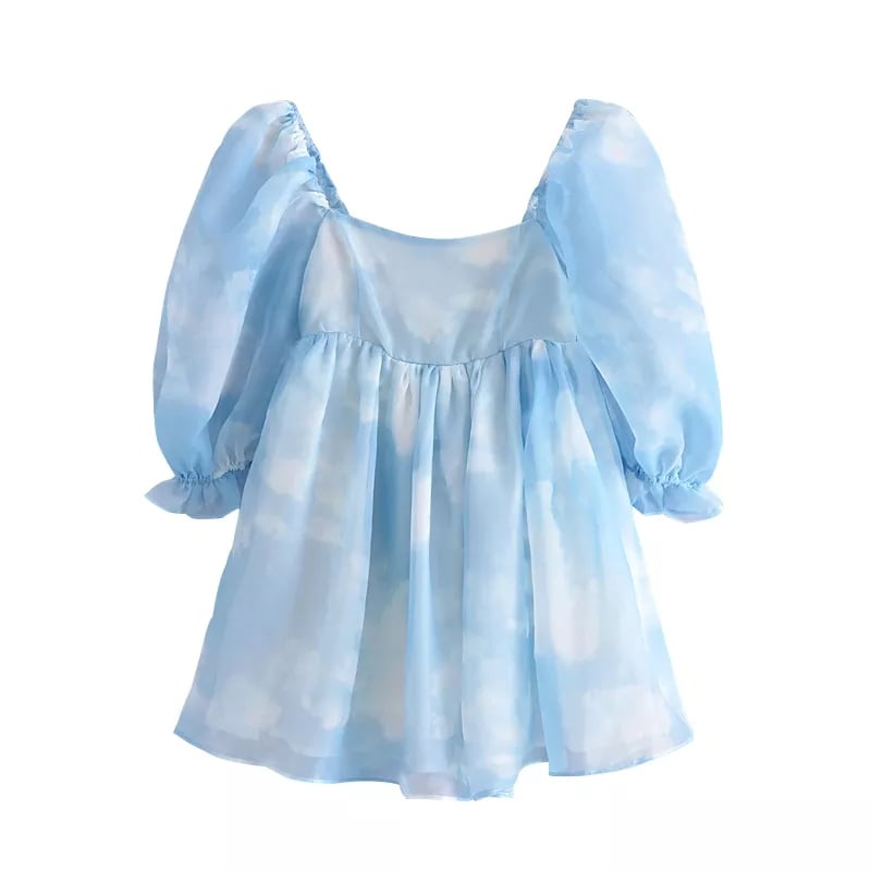 Cute Sexy Blue Cloud Sky Princess Square Neck Puff Sleeve Mini Party Dress Summer Aesthetic E-Girl Kawaii Korean Japanese Harajuku