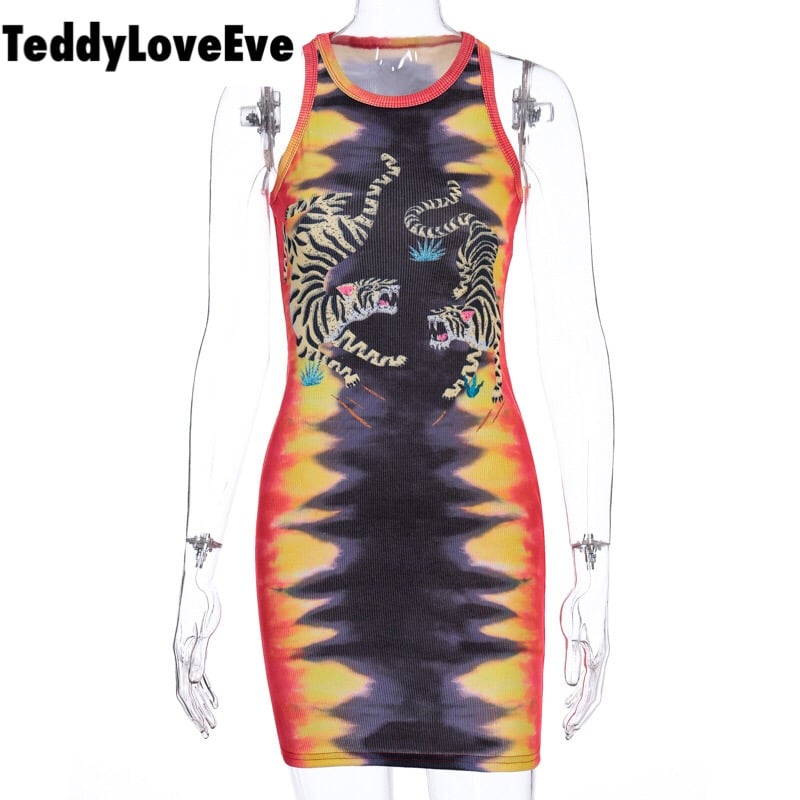 Cute Sexy Tiger Punk Tie Dye Graphic Ribbed Sleeveless Bodycon Dress E-Girl Kawaii Korean Japanese Harajuku Chinese Retro Streetwear Aesthetic