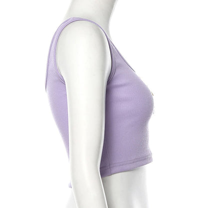 Cute Pastel Purple Heart Button Ribbed Knit Crop Top Causal Tank Top Casual Camisole T-shirt Tee E-Girl Kawaii Korean Japanese Harajuku Streetwear