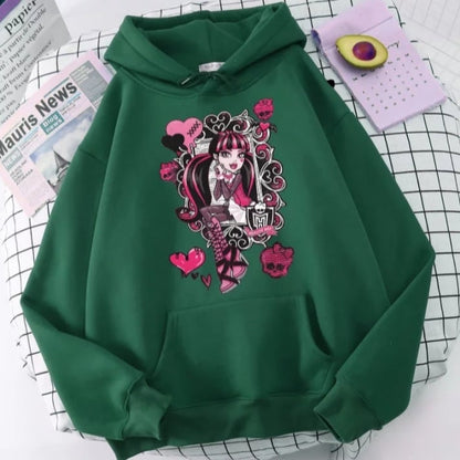 Cute Girl Monster Cartoon Print Long Sleeve Hoodie Sweater Sweatshirt Pullover Aesthetic Casual Summer E-Girl Kawaii Korean Japanese Harajuku