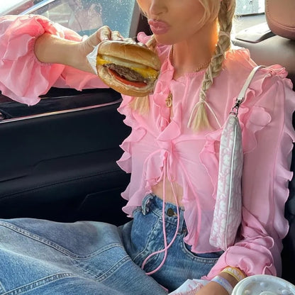 Pink Sheer Ruffle Long Sleeve Shirt