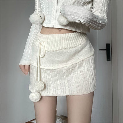 White Knit Twist Mini Skirt