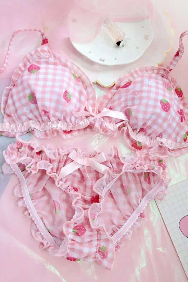 Strawberry Print Bra + Panty Set Lingerie Underwear Summer Aesthetic Casual E-Girl Kawaii Korean Japanese Harajuku