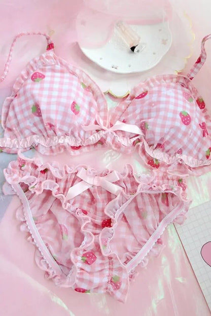Strawberry Print Bra + Panty Set Lingerie Underwear Summer Aesthetic Casual E-Girl Kawaii Korean Japanese Harajuku