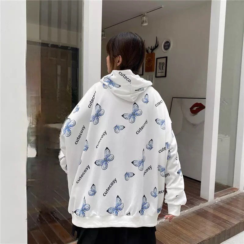 Cute Vintage Butterfly Print Oversize Zipper Hoodie Long Sleeve Pullover Jumper Autumn Aesthetic E-Girl Kawaii Korean Japanese Harajuku Streetwear