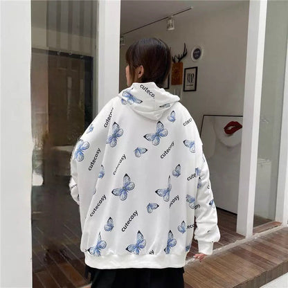 Cute Vintage Butterfly Print Oversize Zipper Hoodie Long Sleeve Pullover Jumper Autumn Aesthetic E-Girl Kawaii Korean Japanese Harajuku Streetwear
