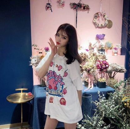 Pastel Pink Japanese Anime Graphic Cartoon Print Loose Short Sleeve T-shirt