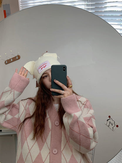 Pink Argyle V Neck Sweater