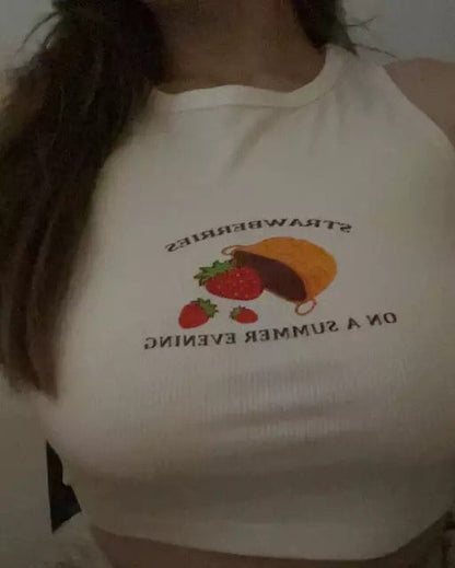 White Ribbed Strawberry Fruit Print Tank Top Crop Top Sleeveless Shirt Summer Aesthetic Casual E-Girl Kawaii Korean Japanese Harajuku
