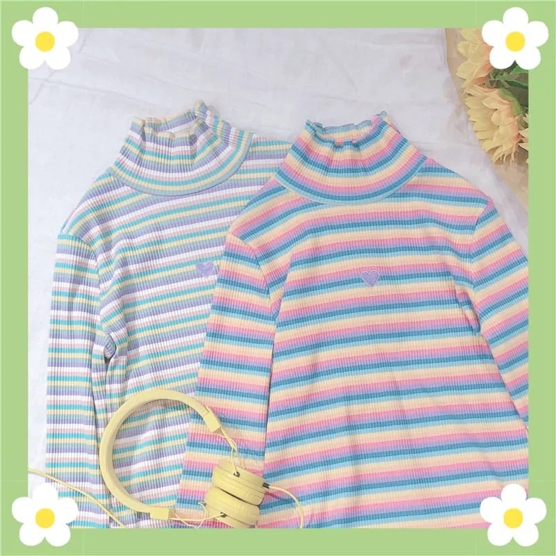 Cute Heart Sweet Rainbow Pastel Turtleneck Stripe Knit Long Sleeve Shirt Top Pullover Sweater E-Girl Kawaii Korean Japanese Harajuku Retro Streetwear