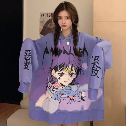 Cute Purple Anime Girl Graphic Print Oversize Long Sleeve Shirt Hoodie Punk Goth Aesthetic Casual E-Girl Kawaii Korean Japanese Harajuku