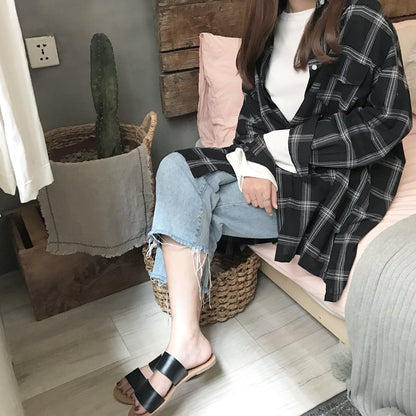 Cute Casual Plaid Flannel Loose Oversized Long Sleeve Shirt Top Boyfriend Baggy E-Girl Kawaii Korean Japanese Harajuku Retro Streetwear