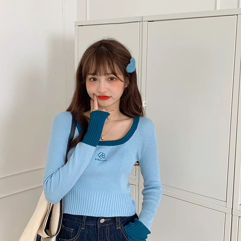 Cute Vintage Flower Embroidery Long Sleeve Shirt Sweater Jumper Aesthetic Casual Summer E-Girl Kawaii Korean Japanese Harajuku