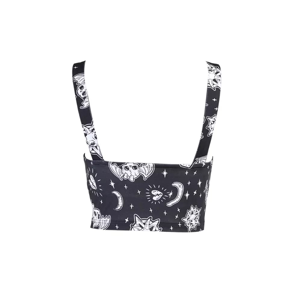 Cute Black Goth Skull Bat Goat Print Zipper Front Camisole Crop Top Tank Summer Aesthetic Casual E-Girl Kawaii Korean Japanese Harajuku