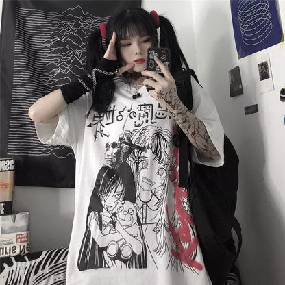 Dark Anime Girl Cartoon Print Loose Short Sleeve T-shirt Top Summer Causal Goth Punk E-Girl Kawaii Korean Japanese Harajuku Streetwear