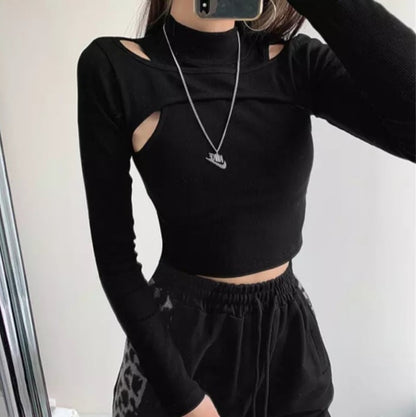 Cute 2pcs K-pop Black White Hollow Knit Long Sleeve Shirt Crop Top Fitness Streetwear Summer Aesthetic Casual E-Girl Kawaii Korean Japanese Harajuku