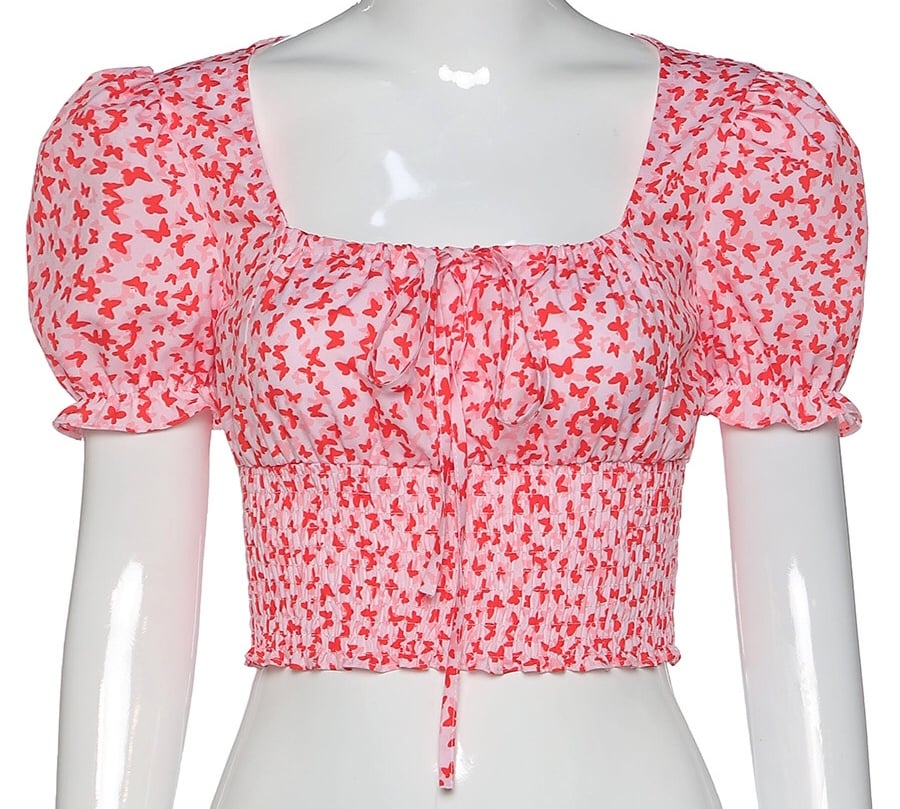 Cute Floral Butterfly Puff Tie Up Crop Top Short Sleeve Shirt Tee T-shirt Kawaii Korean Japanese Harajuku Chinese Retro Streetwear Aesthetic Fashion