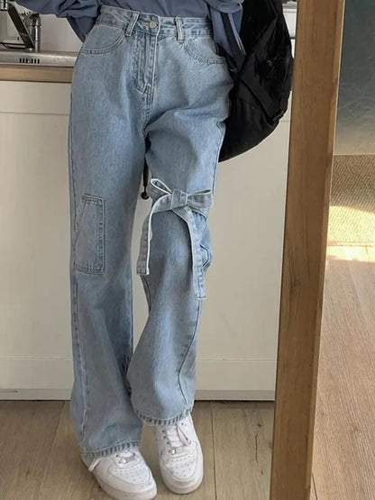 Bow High Waist Straight Leg Jeans