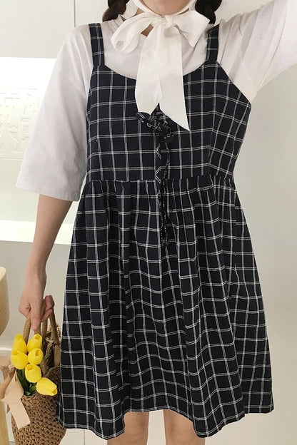 Cute Summer Preppy Loose Casual Plaid Checkered Tank Dress E-Girl Kawaii Korean Japanese Harajuku Retro Streetwear